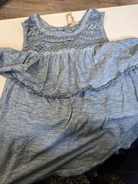 True Craft Light Blue Lace Yoke Ruffle Tank Top